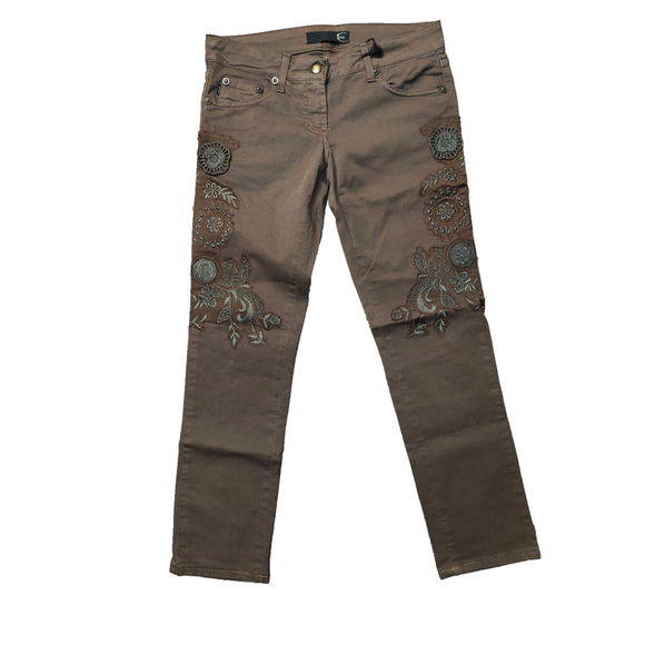 Just Cavalli Black Diamond Floral Brown Denim Slim Cropped Jeans Sz 26 NWT - Picture 2 of 16